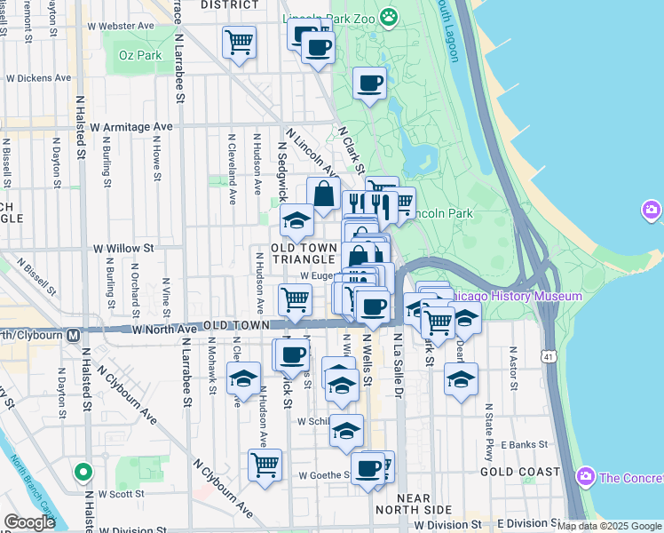map of restaurants, bars, coffee shops, grocery stores, and more near 1702 North Crilly Court in Chicago