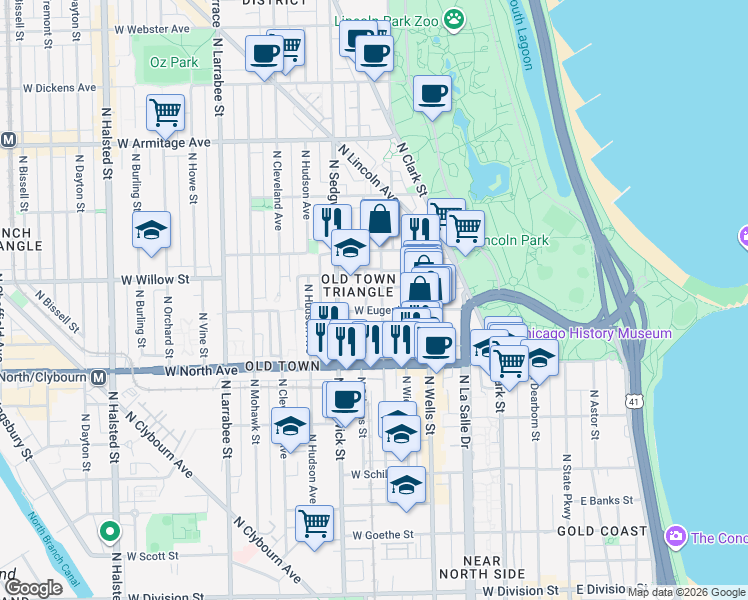 map of restaurants, bars, coffee shops, grocery stores, and more near 327 West Eugenie Street in Chicago