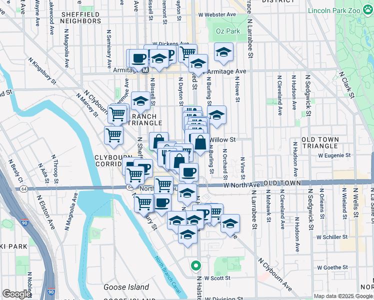 map of restaurants, bars, coffee shops, grocery stores, and more near 1709 North Dayton Street in Chicago