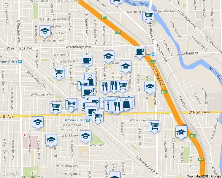 map of restaurants, bars, coffee shops, grocery stores, and more near in Chicago