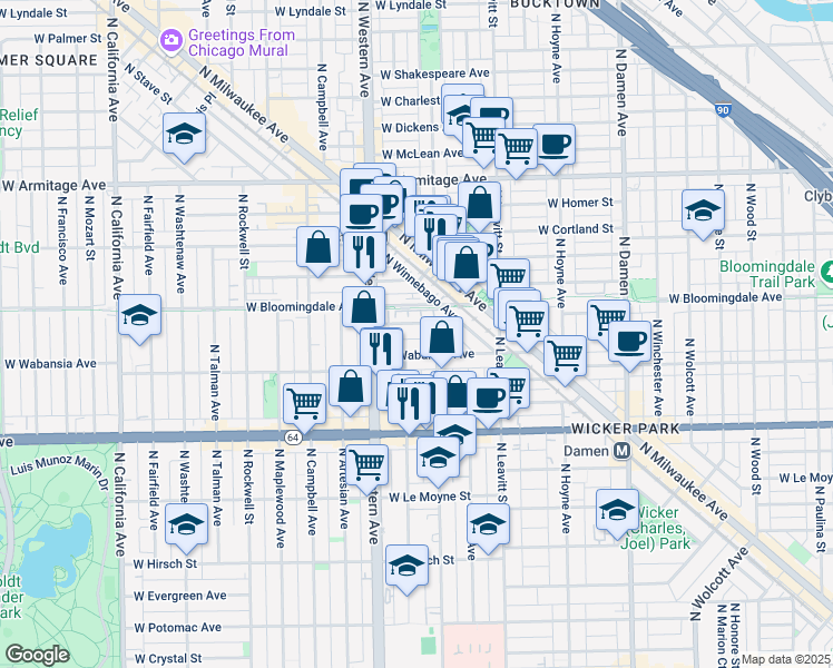 map of restaurants, bars, coffee shops, grocery stores, and more near 2314 West Wabansia Avenue in Chicago