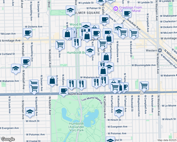map of restaurants, bars, coffee shops, grocery stores, and more near 1720 North Richmond Street in Chicago