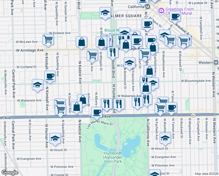 map of restaurants, bars, coffee shops, grocery stores, and more near 1728 North Humboldt Boulevard in Chicago