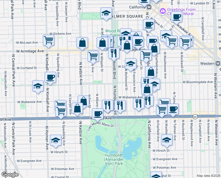 map of restaurants, bars, coffee shops, grocery stores, and more near 1742 North Humboldt Boulevard in Chicago
