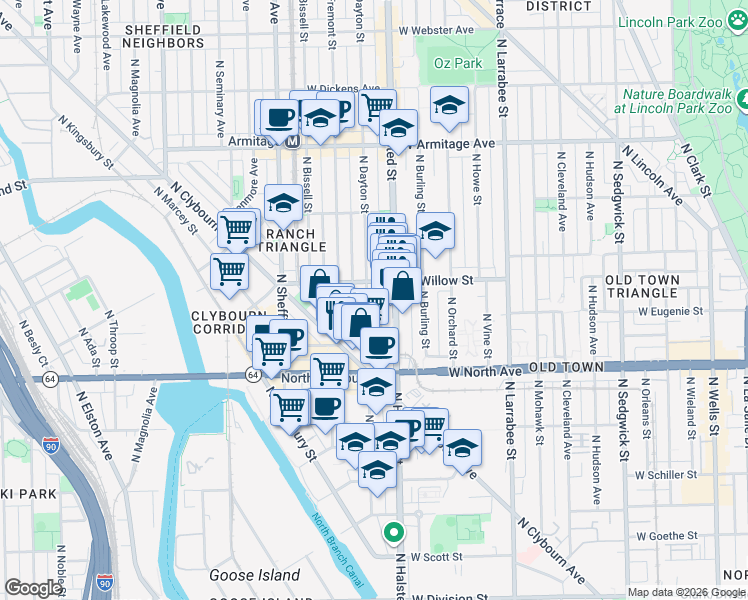 map of restaurants, bars, coffee shops, grocery stores, and more near 1717 North Dayton Street in Chicago