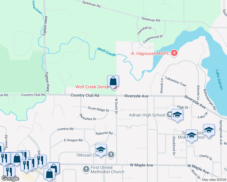 map of restaurants, bars, coffee shops, grocery stores, and more near 1136 Country Club Road in Adrian