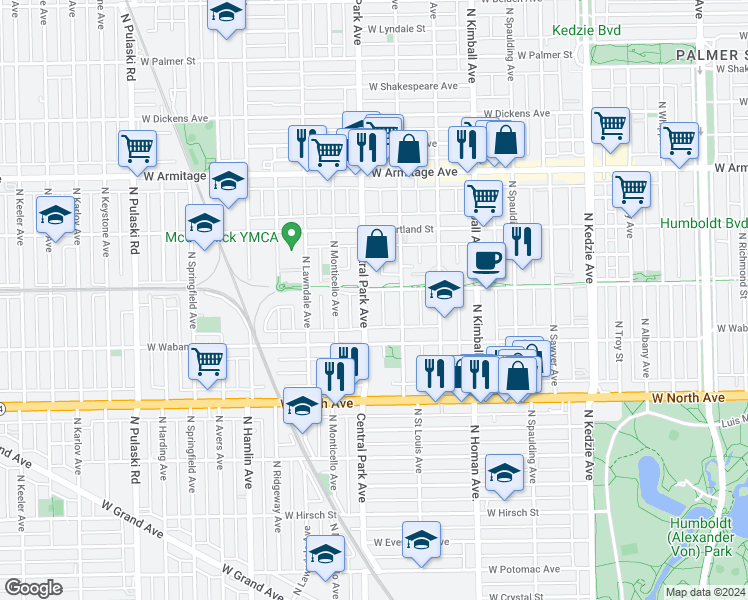 map of restaurants, bars, coffee shops, grocery stores, and more near in Chicago