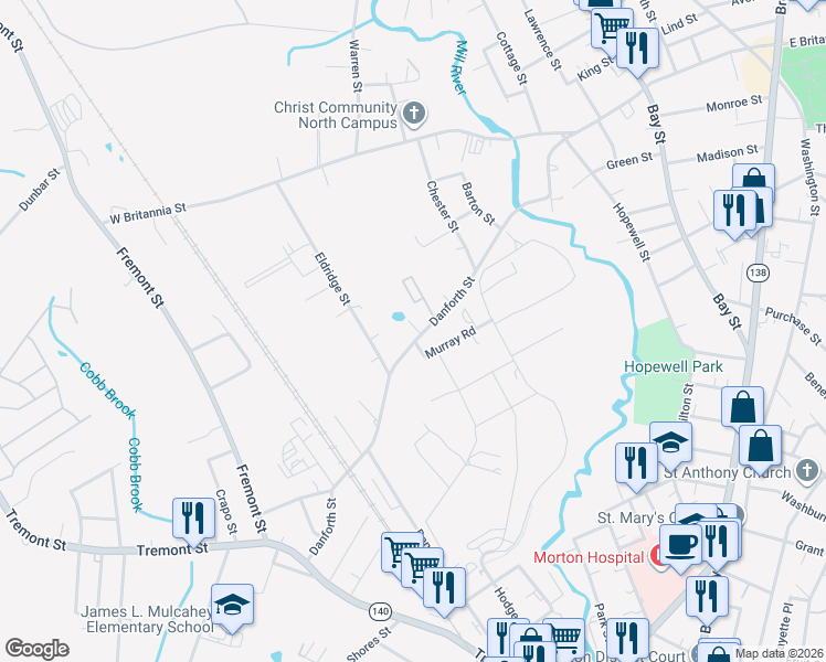map of restaurants, bars, coffee shops, grocery stores, and more near 88 Danforth Street in Taunton