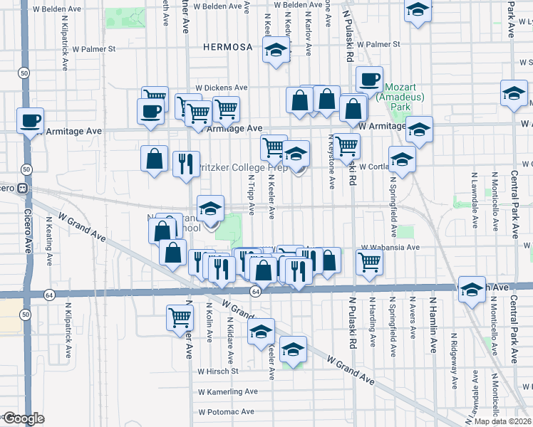 map of restaurants, bars, coffee shops, grocery stores, and more near 1745 North Tripp Avenue in Chicago