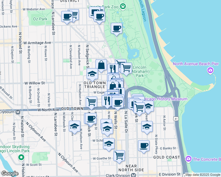 map of restaurants, bars, coffee shops, grocery stores, and more near 1704 North Wells Street in Chicago
