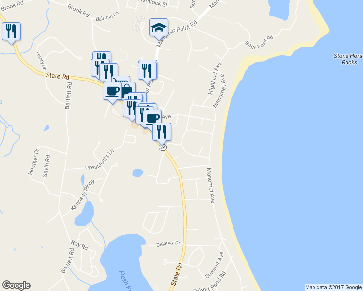 map of restaurants, bars, coffee shops, grocery stores, and more near 21 Samoset Avenue in Plymouth