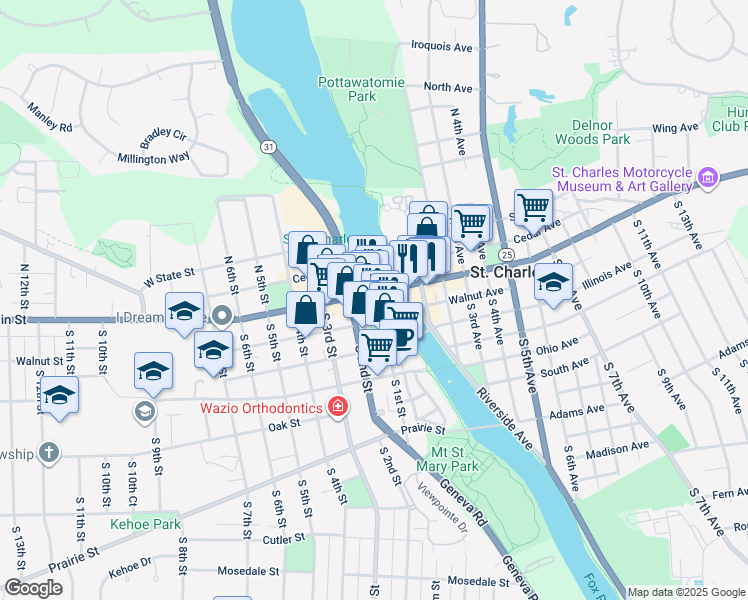 map of restaurants, bars, coffee shops, grocery stores, and more near 5 South 1st Street in St. Charles