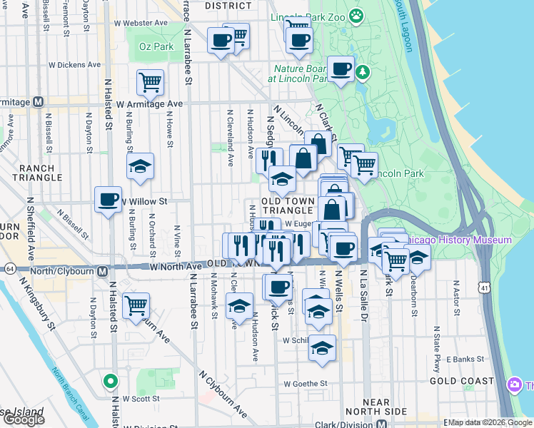 map of restaurants, bars, coffee shops, grocery stores, and more near 1700 North Sedgwick Street in Chicago