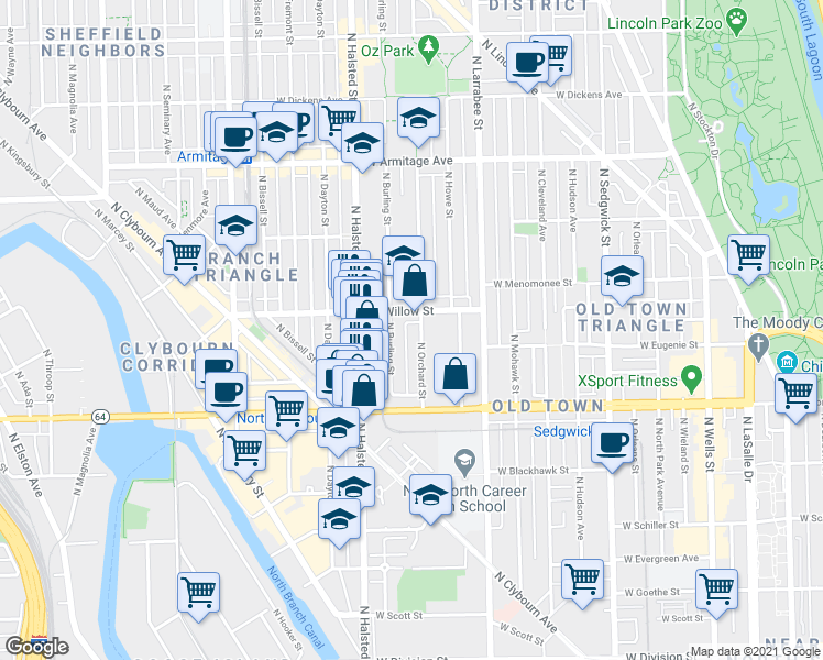 map of restaurants, bars, coffee shops, grocery stores, and more near 1704 North Orchard Street in Chicago
