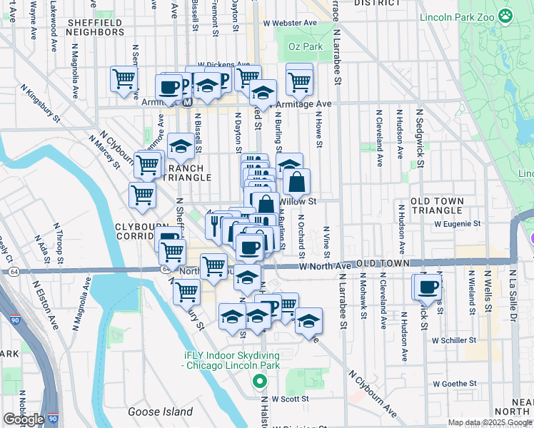map of restaurants, bars, coffee shops, grocery stores, and more near 1705 North Halsted Street in Chicago