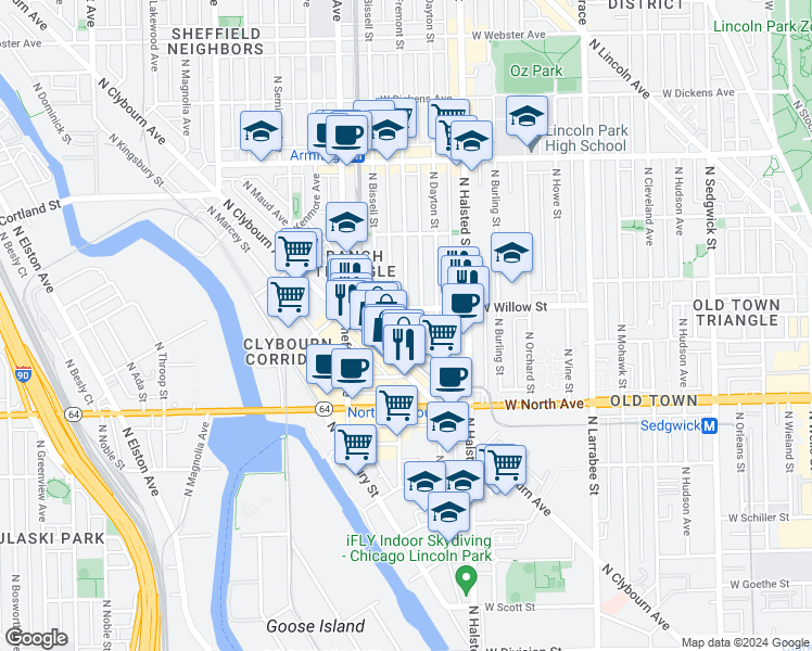 map of restaurants, bars, coffee shops, grocery stores, and more near 1713 North Bissell Street in Chicago