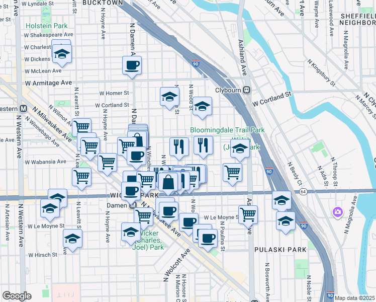 map of restaurants, bars, coffee shops, grocery stores, and more near in Chicago