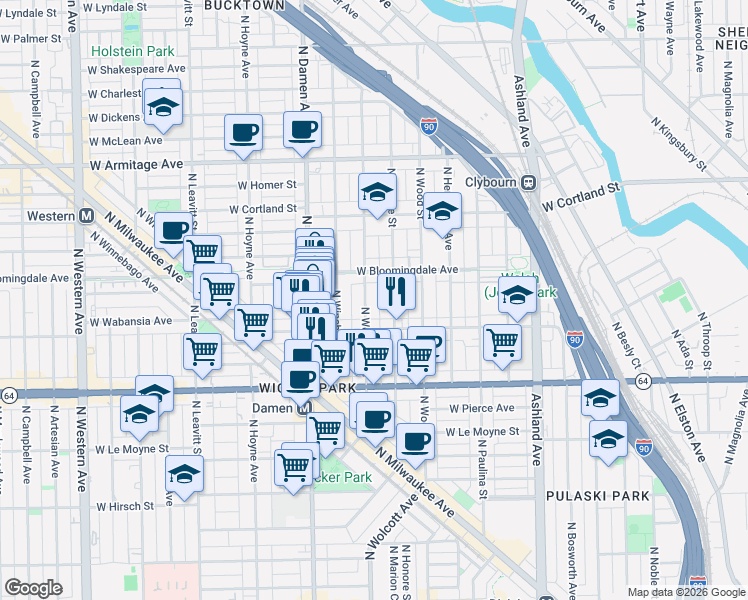 map of restaurants, bars, coffee shops, grocery stores, and more near 1723 North Wolcott Avenue in Chicago