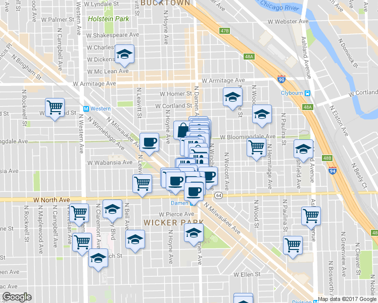 map of restaurants, bars, coffee shops, grocery stores, and more near 2015 West Saint Paul Avenue in Chicago