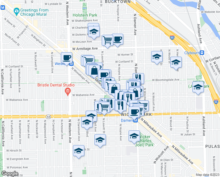 map of restaurants, bars, coffee shops, grocery stores, and more near 1731 North Milwaukee Avenue in Chicago