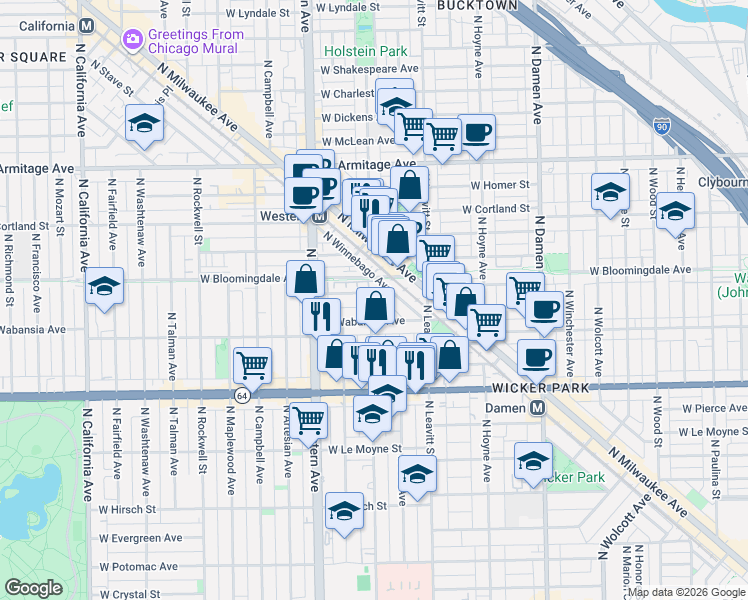 map of restaurants, bars, coffee shops, grocery stores, and more near 1736 North Winnebago Avenue in Chicago