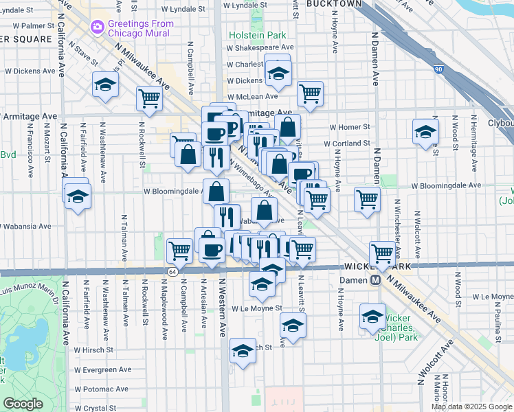map of restaurants, bars, coffee shops, grocery stores, and more near 2314 West Wabansia Avenue in Chicago