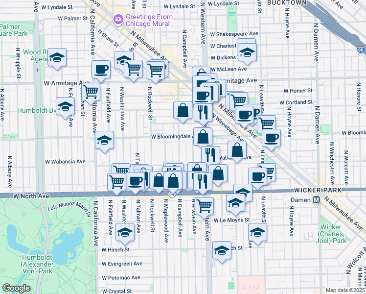 map of restaurants, bars, coffee shops, grocery stores, and more near 1728 North Campbell Avenue in Chicago