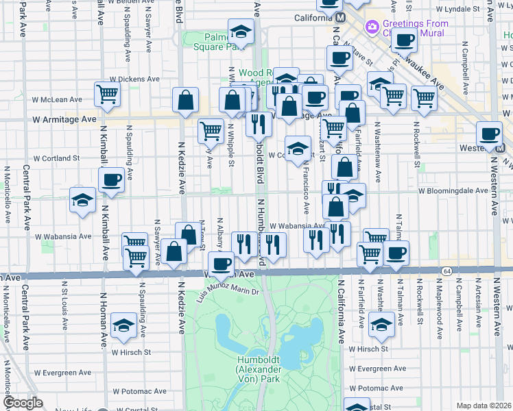 map of restaurants, bars, coffee shops, grocery stores, and more near 1742 North Humboldt Boulevard in Chicago