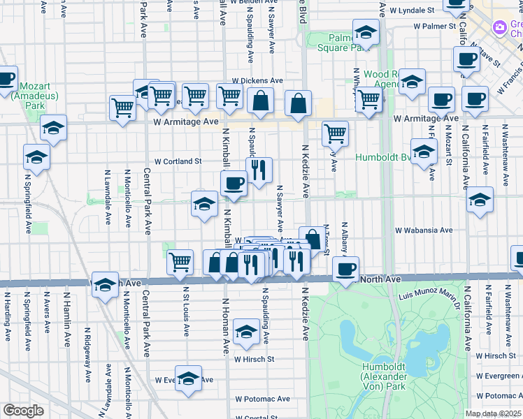 map of restaurants, bars, coffee shops, grocery stores, and more near 1735 North Spaulding Avenue in Chicago