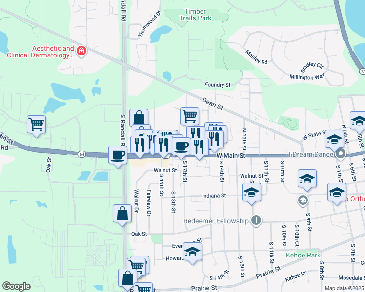 map of restaurants, bars, coffee shops, grocery stores, and more near 1708-1762 W Main St in St Charles