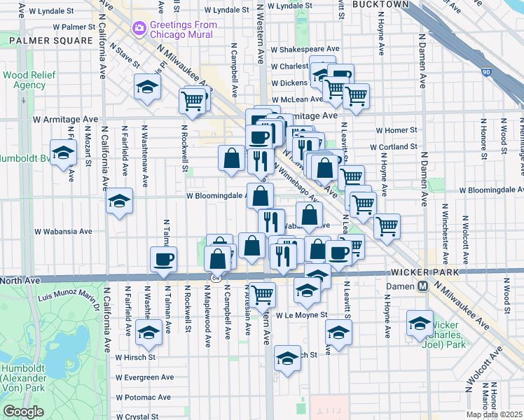 map of restaurants, bars, coffee shops, grocery stores, and more near 1727 North Western Avenue in Chicago