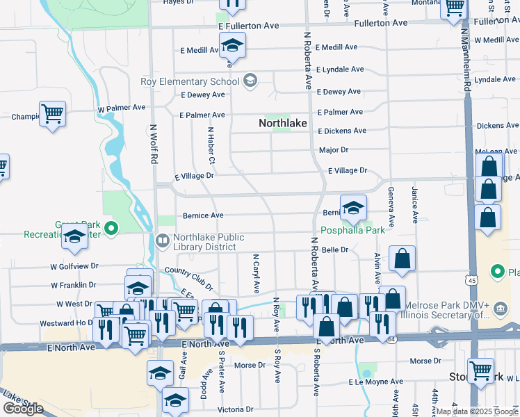 map of restaurants, bars, coffee shops, grocery stores, and more near 143 Bernice Avenue in Northlake