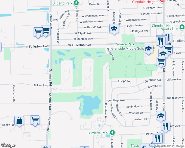 map of restaurants, bars, coffee shops, grocery stores, and more near 1461 Golfview Drive in Glendale Heights
