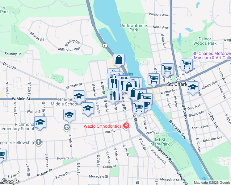 map of restaurants, bars, coffee shops, grocery stores, and more near 305 West Main Street in St. Charles