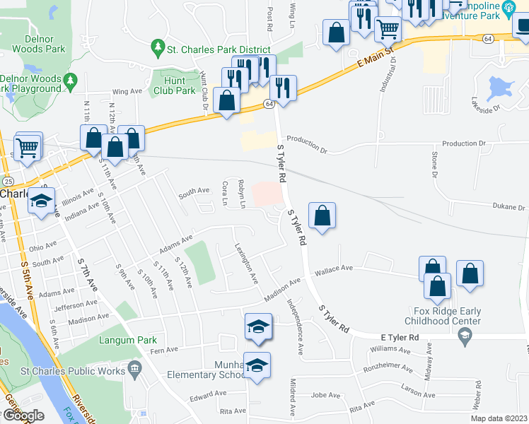 map of restaurants, bars, coffee shops, grocery stores, and more near 872 Munhall Avenue in St. Charles
