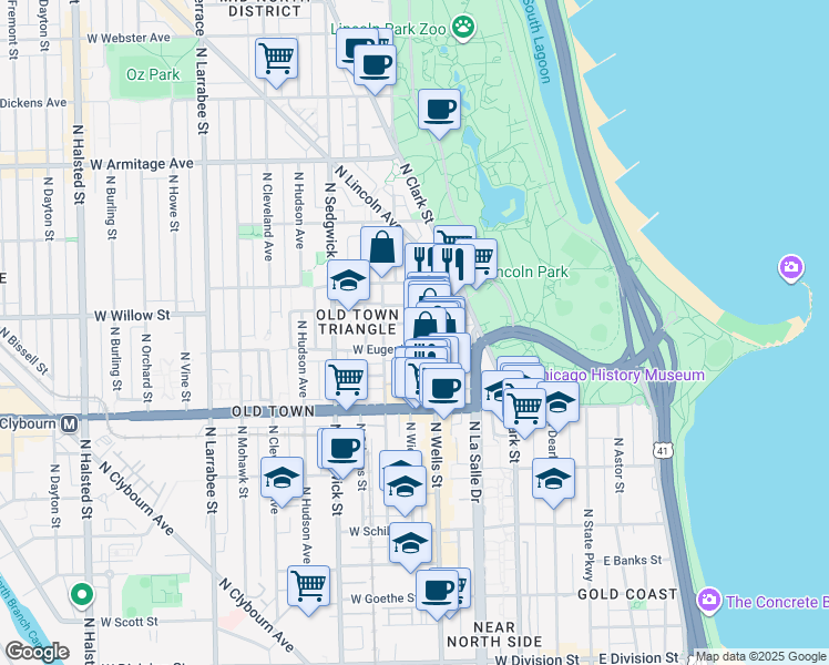 map of restaurants, bars, coffee shops, grocery stores, and more near 1702 North Crilly Court in Chicago