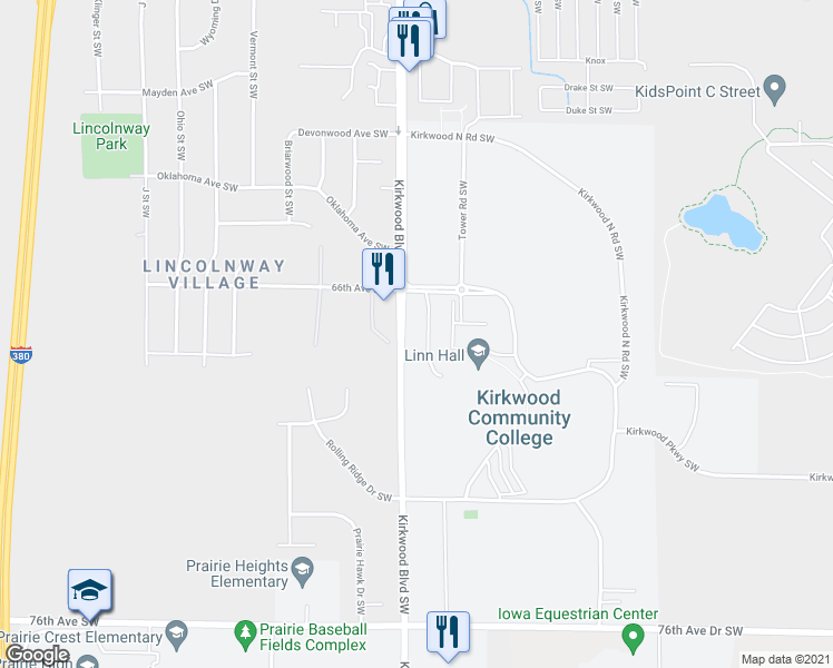 map of restaurants, bars, coffee shops, grocery stores, and more near 6635 Kirkwood Boulevard Southwest in Cedar Rapids