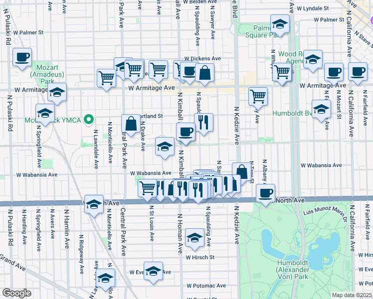 map of restaurants, bars, coffee shops, grocery stores, and more near 1741 North Kimball Avenue in Chicago