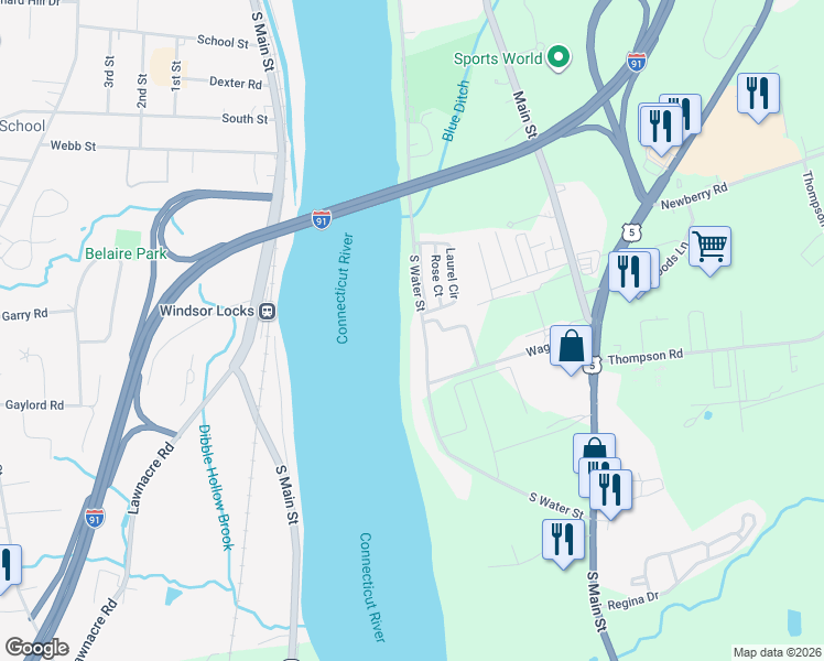 map of restaurants, bars, coffee shops, grocery stores, and more near 225 South Water Street in East Windsor
