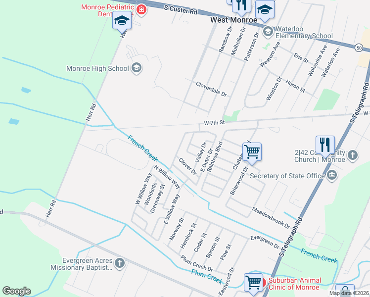 map of restaurants, bars, coffee shops, grocery stores, and more near 1219 Delta Drive in Monroe
