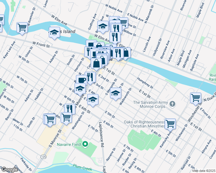 map of restaurants, bars, coffee shops, grocery stores, and more near 216 South Macomb Street in Monroe