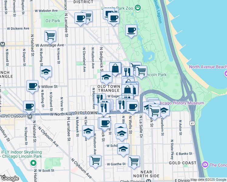 map of restaurants, bars, coffee shops, grocery stores, and more near 327 West Eugenie Street in Chicago