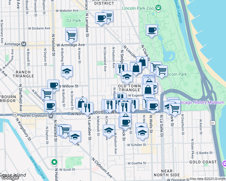 map of restaurants, bars, coffee shops, grocery stores, and more near 1700 North Saint Michaels Court in Chicago