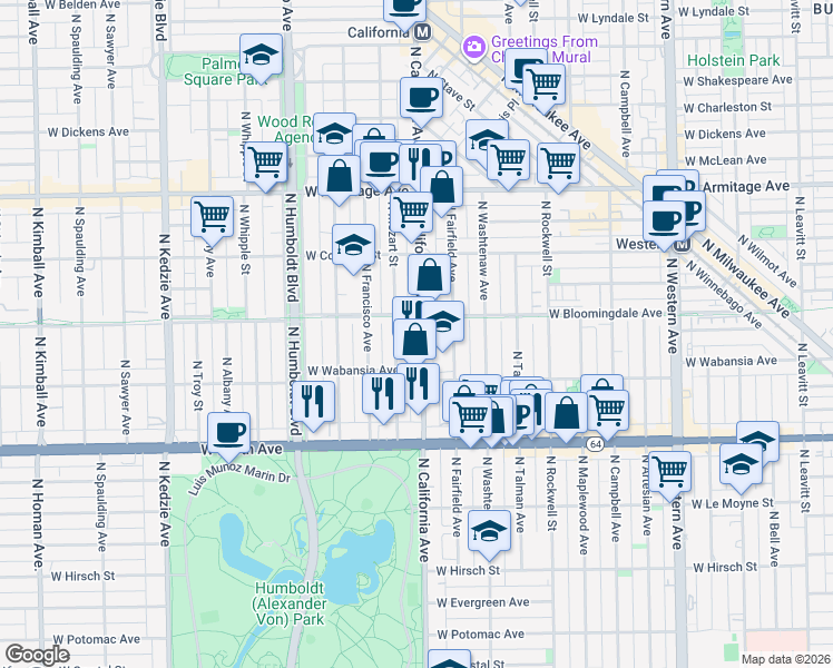 map of restaurants, bars, coffee shops, grocery stores, and more near 1732 North California Avenue in Chicago