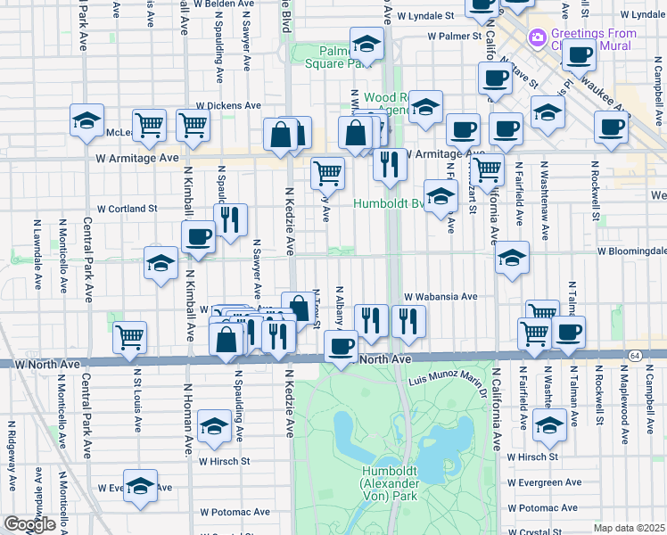 map of restaurants, bars, coffee shops, grocery stores, and more near 1736 North Albany Avenue in Chicago
