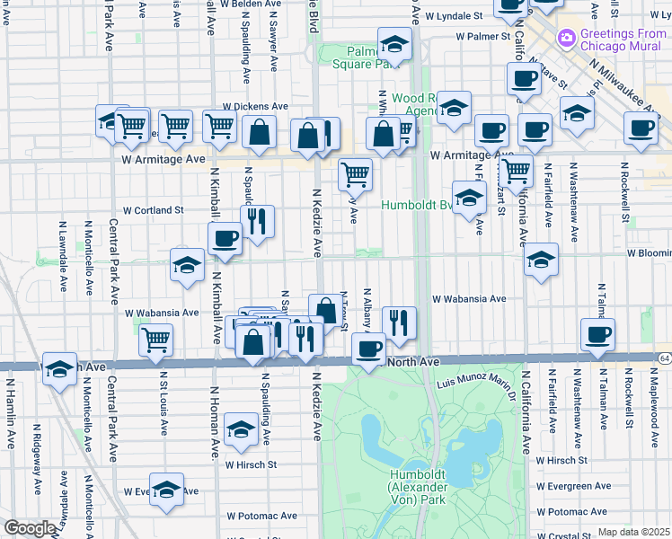 map of restaurants, bars, coffee shops, grocery stores, and more near 1737 North Kedzie Avenue in Chicago