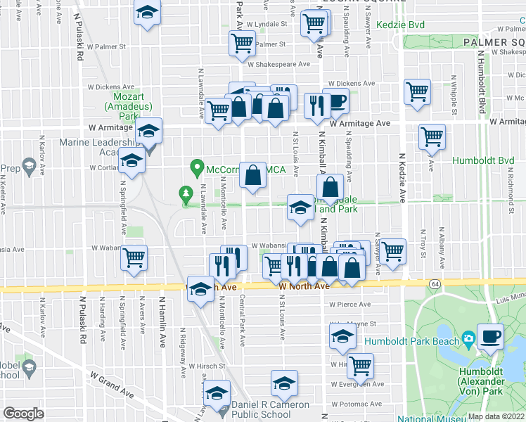map of restaurants, bars, coffee shops, grocery stores, and more near in Chicago