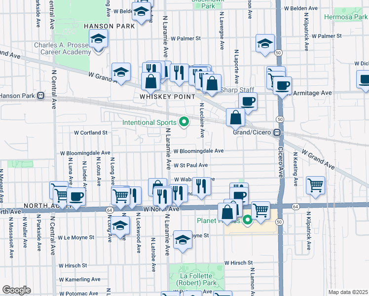 map of restaurants, bars, coffee shops, grocery stores, and more near 5143 West Bloomingdale Avenue in Chicago