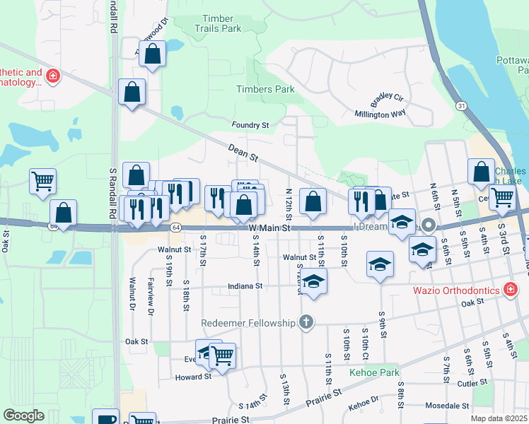 map of restaurants, bars, coffee shops, grocery stores, and more near 1320 West Main Street in St. Charles