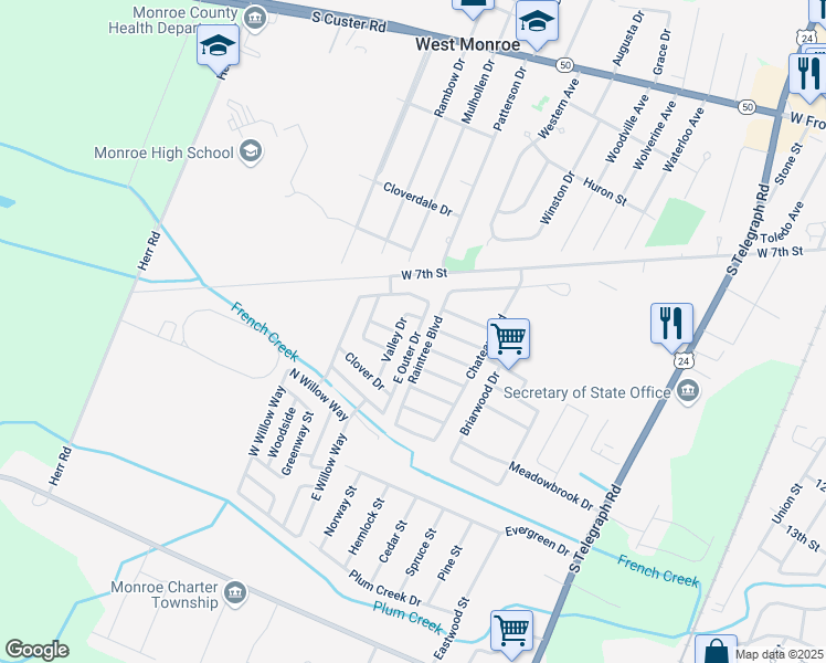 map of restaurants, bars, coffee shops, grocery stores, and more near 1219 Valley Drive in Monroe